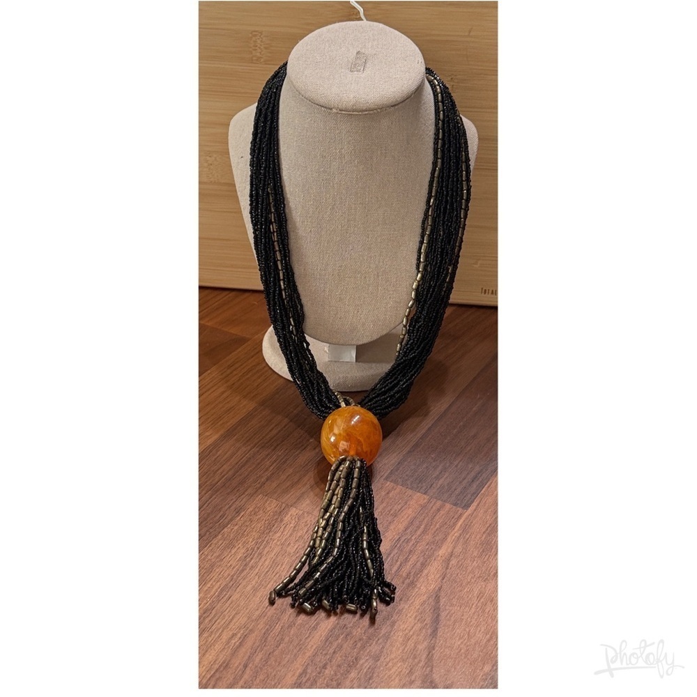 Handmade Artisan Multi Strand Black Beaded Necklace with Large Faux Amber Detail